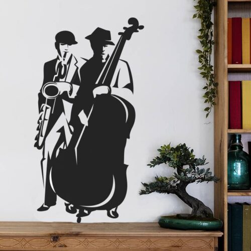 naljepnice za zid "Jazz band" - 120x60, crna, bend, svirači, zelena, bijela podloga, drvo, moderno