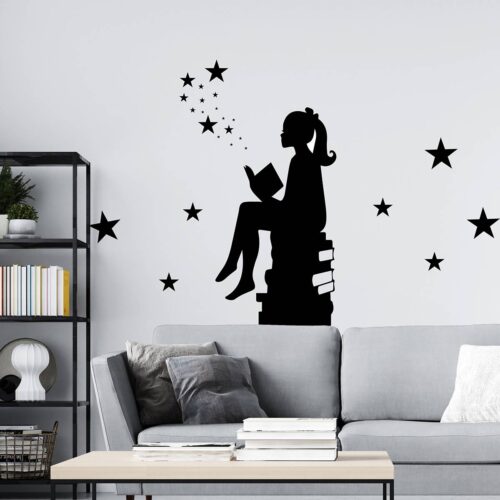 naljepnice za zid "Bookworm" - 120x60, crna, knjige, zvjezdano nebo, namještaj, siva